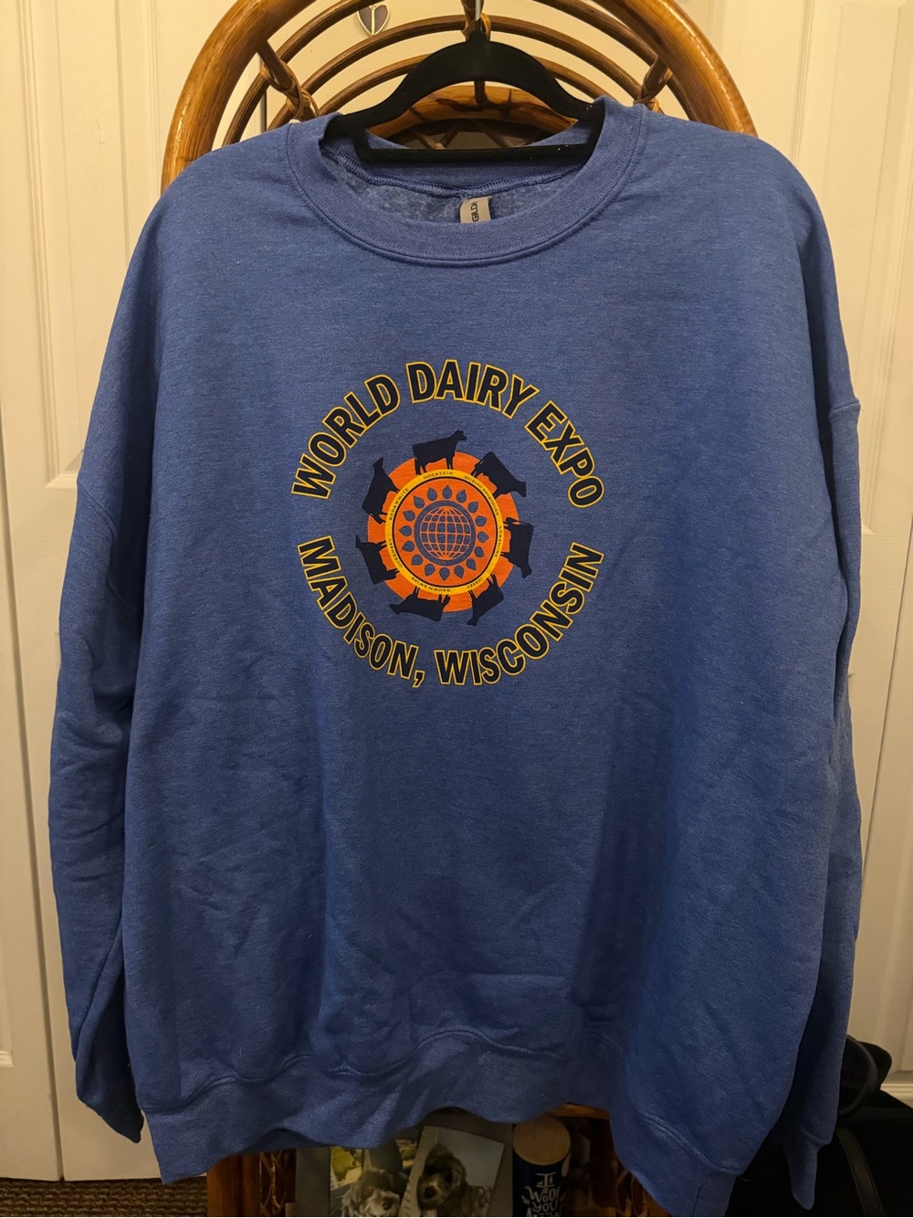 Gildan Blue Crewneck Sweatshirt with Yellow and Orange World Dairy Expo Graphic